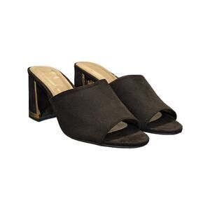 H Halston Vegan Suede Sandals Spain Block Heel Gold Trim Womens 8 Heels Pumps